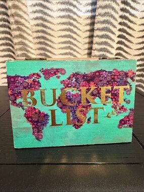 Francesca's Collections Teal Box with Purple Floral World Map and Gold Lettering